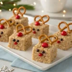A plate of Reindeer rice krispies treats decorated with pretzel antlers and candy eyes.