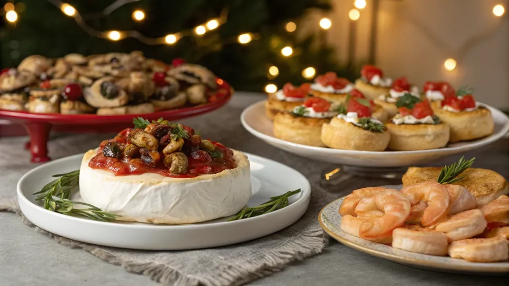 Christmas appetizers table with puff pastry twists, baked brie, stuffed mushrooms, shrimp cocktail and bruschetta