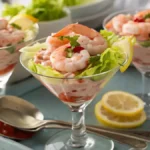 Delicious Prawn cocktail served in elegant glasses with shredded lettuce and lemon wedges.