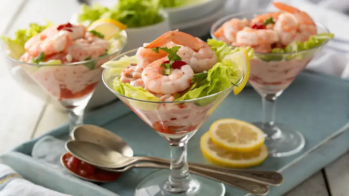 Delicious Prawn cocktail served in elegant glasses with shredded lettuce and lemon wedges.