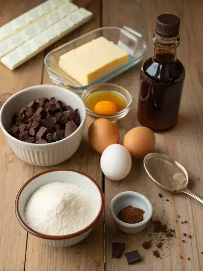 Ingredients for chocolate brownies displayed on a kitchen table, including butter, sugar, eggs, vanilla extract, cocoa powder, flour, salt, and baking powder.