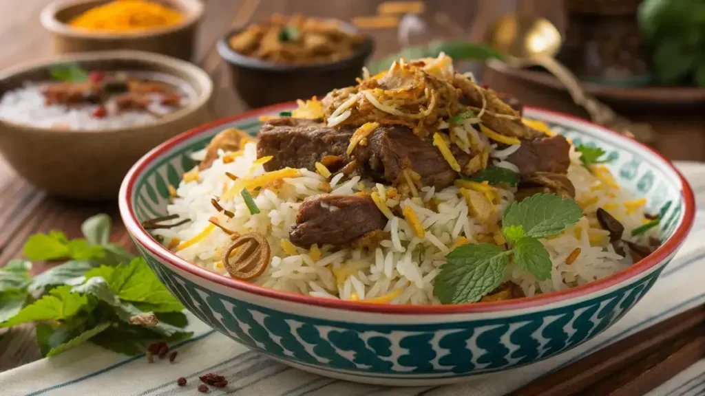 Delicious goat biryani served in a bowl with garnishes of fried onions and herbs.