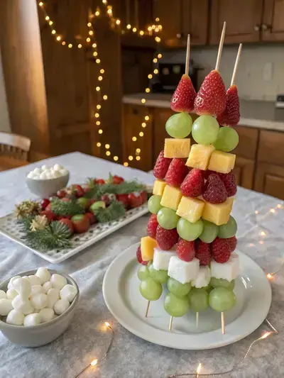 Colorful Christmas fruit kabobs on a rustic kitchen table with strawberries, grapes, pineapple, melon, and marshmallows.