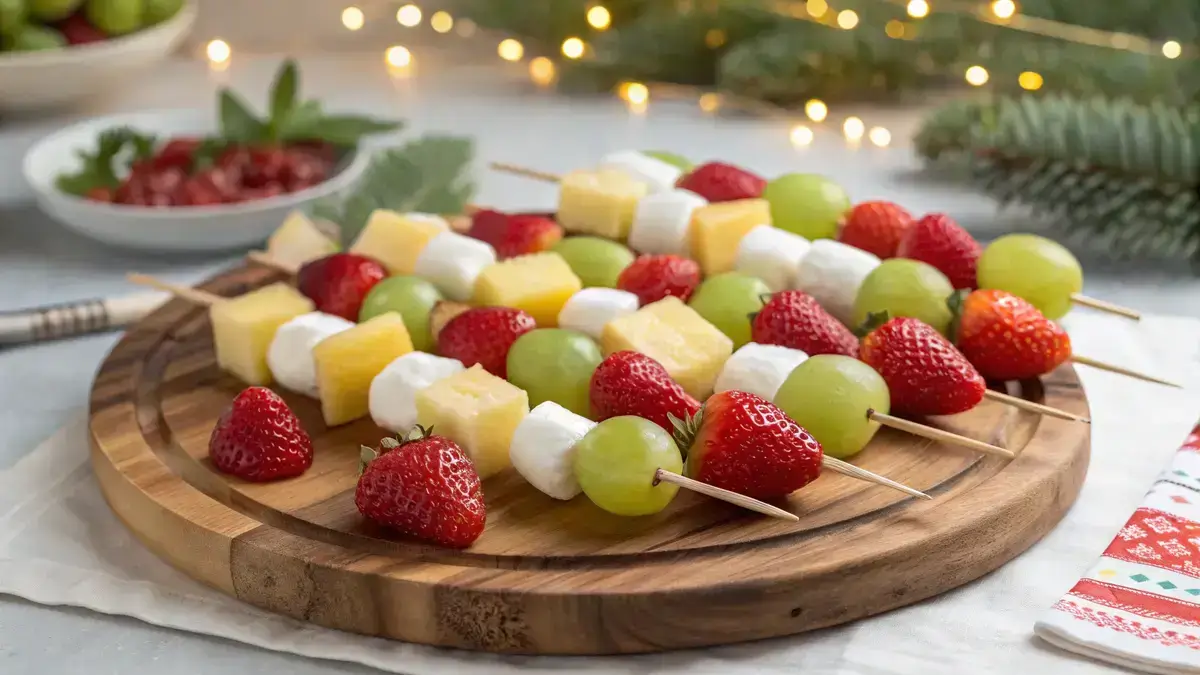 Colorful Christmas fruit kabobs on a wooden platter with strawberries, grapes, pineapple, melon, and marshmallows.