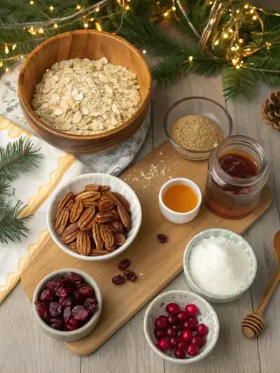 A festive arrangement of ingredients for Christmas granola on a kitchen table, including oats, nuts, and dried fruits.