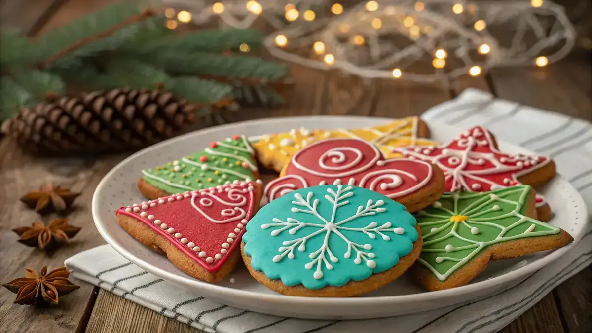 Decorated gingerbread cookies with royal icing on a wooden table.