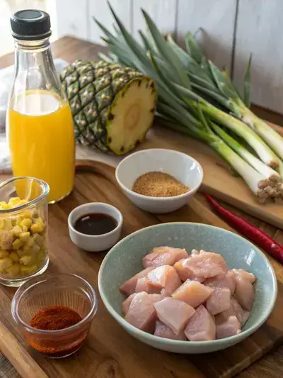 Ingredients for aloha chicken arranged on a kitchen table, including chicken, pineapple juice, soy sauce, and fresh garnishes.