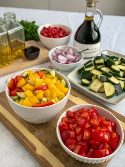 A colorful array of fresh ingredients for Balsamic Roasted Vegetables including bell peppers, zucchini, summer squash, red onion, cherry tomatoes, and garlic on a kitchen table.