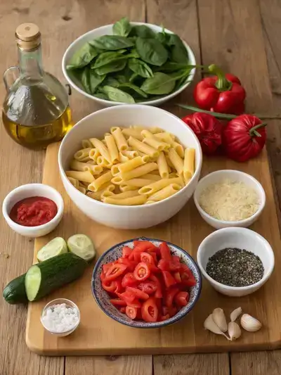 A variety of fresh ingredients for Easy Vegetable Pasta Bake displayed on a kitchen table.