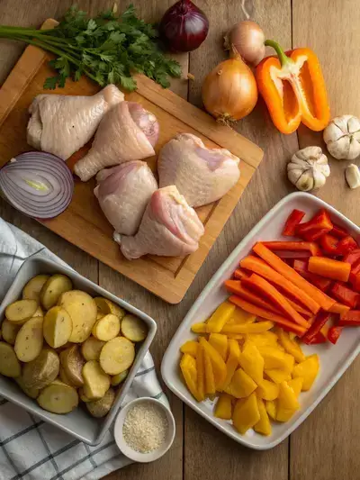 Ingredients for one pan roasted chicken and vegetables on a rustic kitchen table.