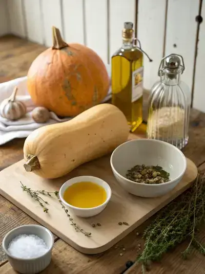 A selection of fresh squash and seasonings on a wooden kitchen table.