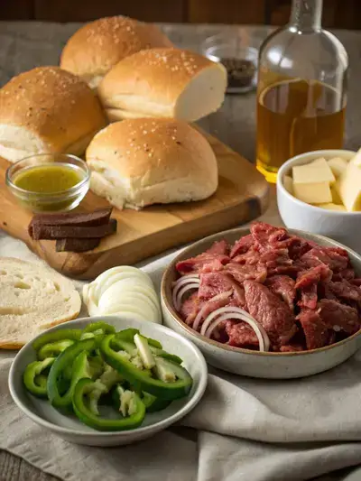 Ingredients for shaved ribeye sandwiches including ribeye, vegetables, hoagie rolls, and cheese on a kitchen table.