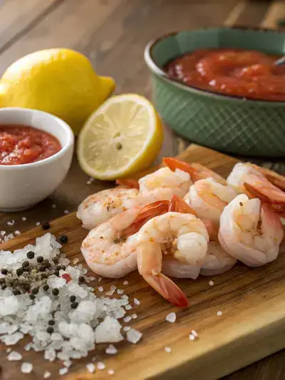 Ingredients for shrimp cocktail including shrimp, lemon, cocktail sauce, salt, and pepper on a table.
