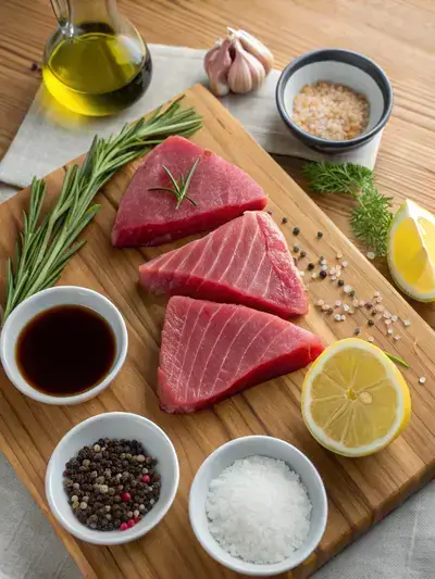 Fresh sushi-grade tuna steaks with cooking ingredients on a wooden kitchen table.