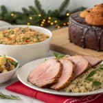 Gluten free Christmas dinner with roasted beef, rice stuffing, roasted vegetables, cookies and flourless chocolate cake