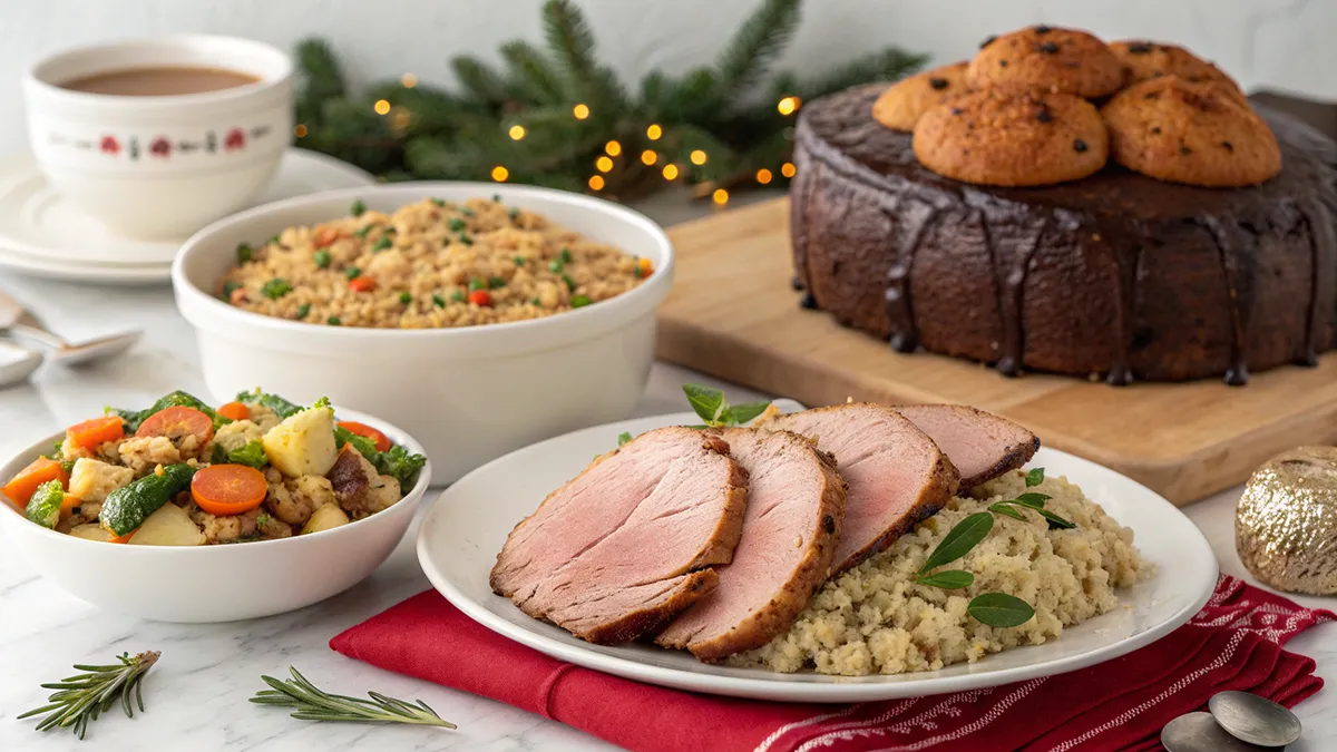 Gluten free Christmas dinner with roasted beef, rice stuffing, roasted vegetables, cookies and flourless chocolate cake