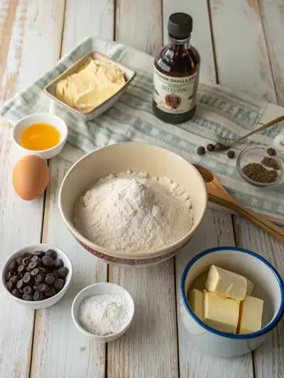 Ingredients for gluten free cookies arranged on a kitchen table.