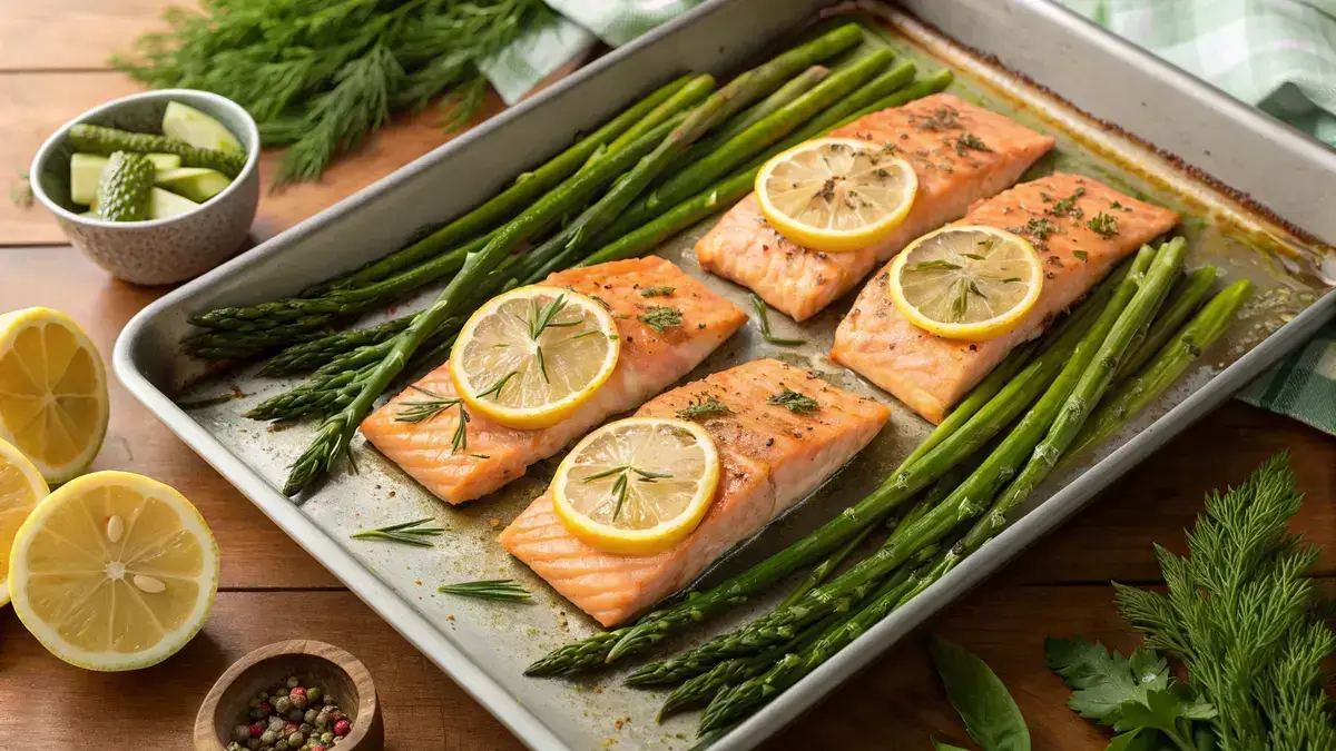 Delicious sheet pan salmon with asparagus and lemon slices ready to serve.