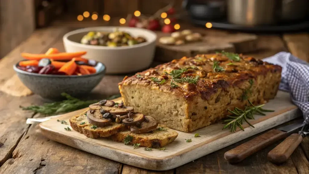 A delicious Mushroom Lentil Loaf garnished with herbs, served with roasted vegetables on a wooden table.