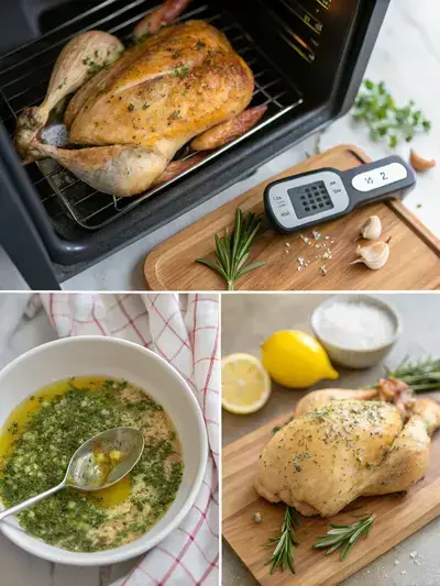 Step-by-step process of preparing Herb roasted chicken, showcasing preheating the oven, preparing the chicken, making the herb mixture, and rubbing the chicken with herbs.