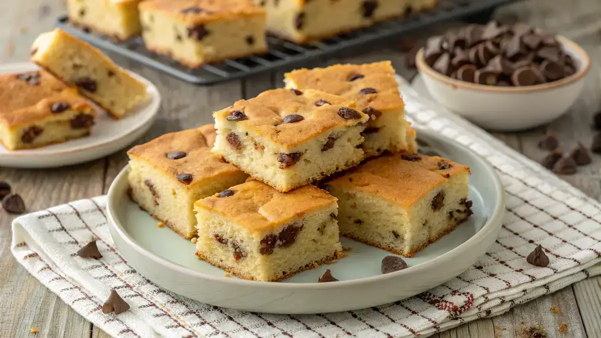 Delicious chocolate chip cake bars on a rustic wooden table.