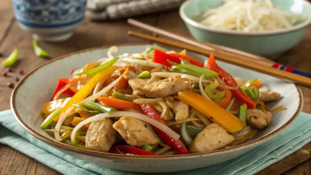 A delicious serving of chop suey with chicken and vegetables on a wooden table.