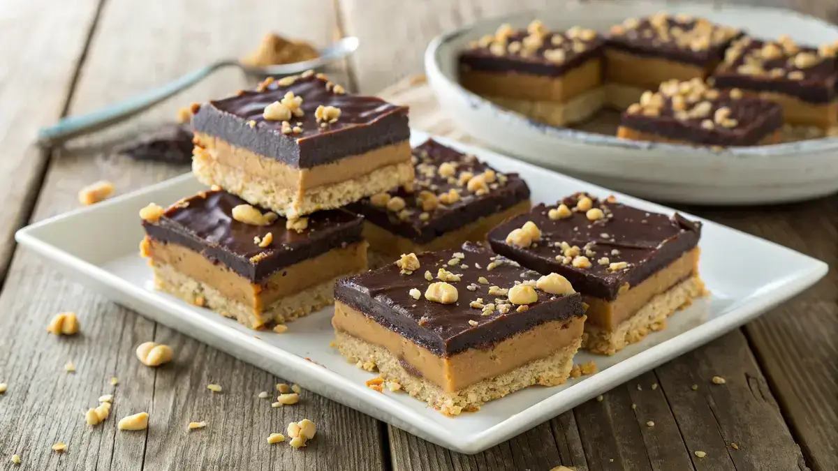 Delicious Peanut Butter Chocolate Bars cut into squares on a wooden table.