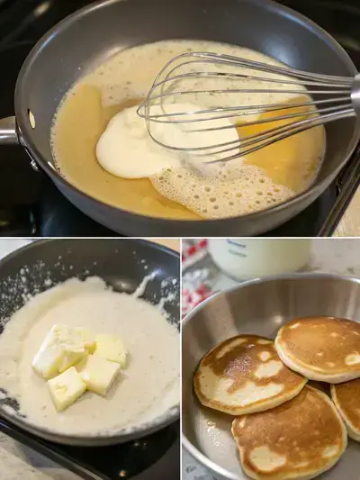 Step-by-step process of making buttermilk pancake mix, including mixing ingredients, heating the skillet, pouring batter, and flipping pancakes.