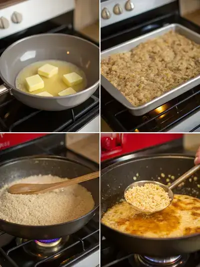Step-by-step process of making flapjacks, showcasing preheating the oven, melting ingredients, adding flavor, and mixing in oats.