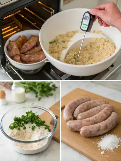 Step-by-step process of making Irish bangers, including preheating the oven, preparing the breadcrumb mixture, mixing sausage meat, and shaping sausages.
