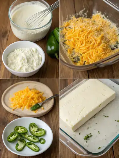 Step-by-step process of making jalapeno cheese dip, showcasing ingredients and preparation stages.
