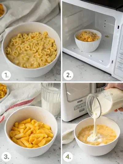 Step-by-step process of making mac and cheese in the microwave, showing ingredients and preparation stages.