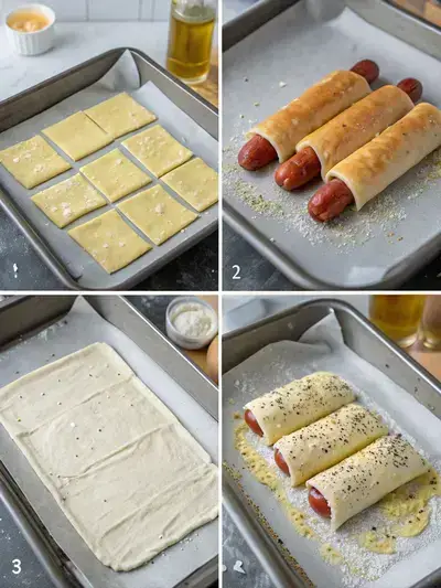 Step-by-step process of making puff pastry hot dogs, including preheating the oven, preparing puff pastry, wrapping hot dogs, and arranging them for baking.