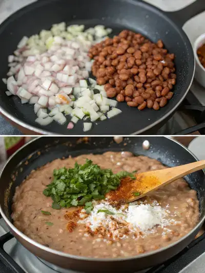Step-by-step process of making refried beans, from heating fat to serving the finished dish.