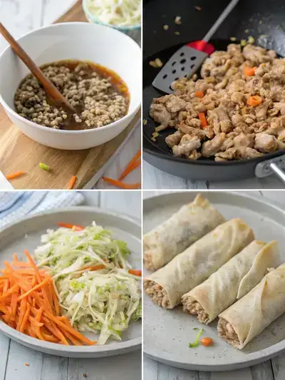 Step-by-step process of making spring rolls, including mixing filling, adding vegetables, rolling, and frying.