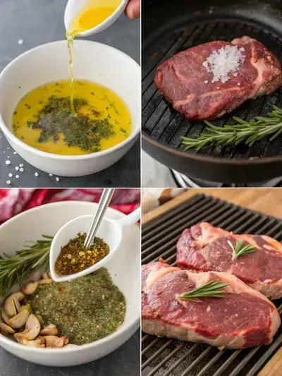 Step-by-step process of preparing lamb leg steak, including marinade preparation, marinating the steak, preheating the grill, and searing the steak.