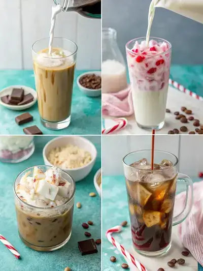 Step-by-step preparation of an Iced Peppermint Latte, showcasing brewed coffee, ice-filled glass, peppermint syrup, and the final drink with whipped cream.