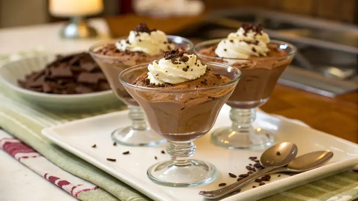 Delicious chocolate mousse in glass cups with whipped cream and chocolate shavings.