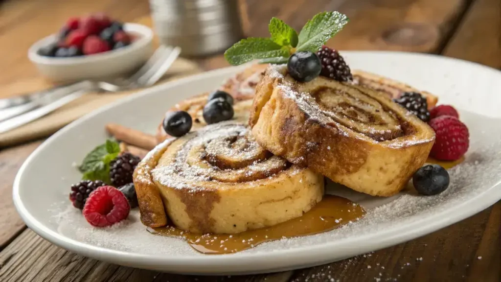 Delicious Cinnamon roll French toast topped with powdered sugar and maple syrup, served with fresh berries.