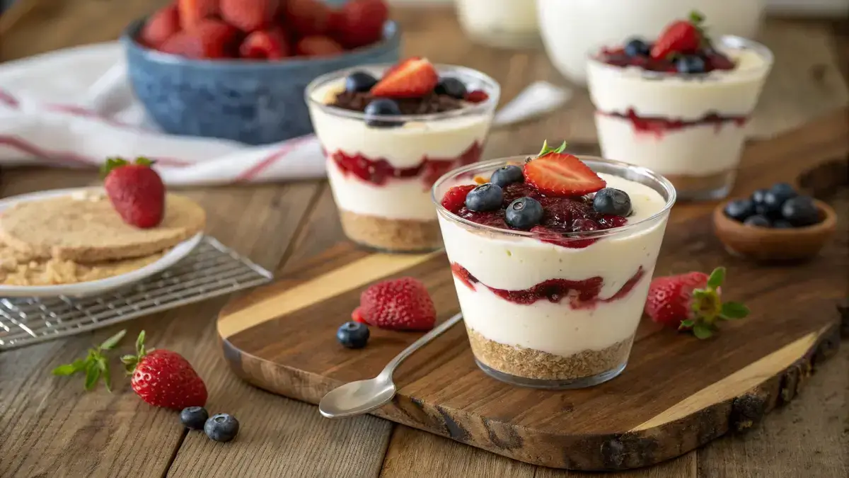 Delicious no bake cheesecake cup with graham cracker crust and fresh berries on top.