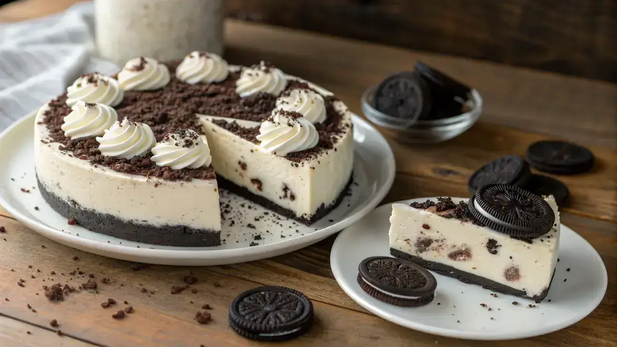 Delicious No bake Oreo cheesecake with Oreo crumbs and whipped cream on top.