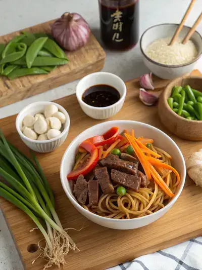 Ingredients for beef lo mein displayed on a kitchen table, including noodles, beef, vegetables, and sauces.