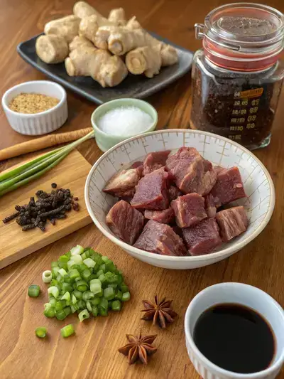 A collection of ingredients for beef tendon, including tendon pieces, spices, and sauces, arranged on a kitchen table.