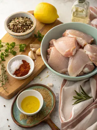 Fresh ingredients for a recipe featuring boneless chicken thighs, including olive oil, garlic, and spices.