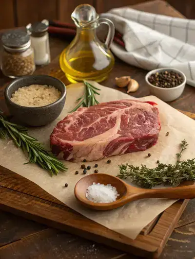 Ingredients for a boneless ribeye roast displayed on a kitchen table.