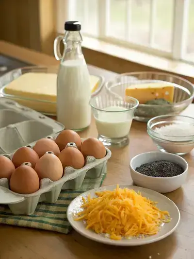 Ingredients for breakfast egg and cheese muffins displayed on a kitchen table.