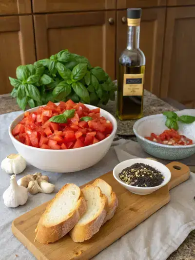 Fresh ingredients for Bruschetta tomato basil on a kitchen table