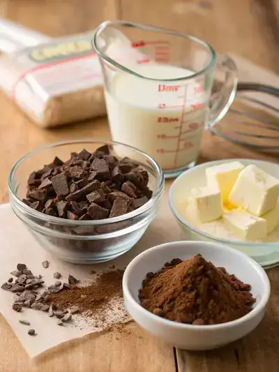Ingredients for Chocolate cocoa truffles displayed on a kitchen table, including semisweet chocolate, heavy cream, unsalted butter, and cocoa powder.