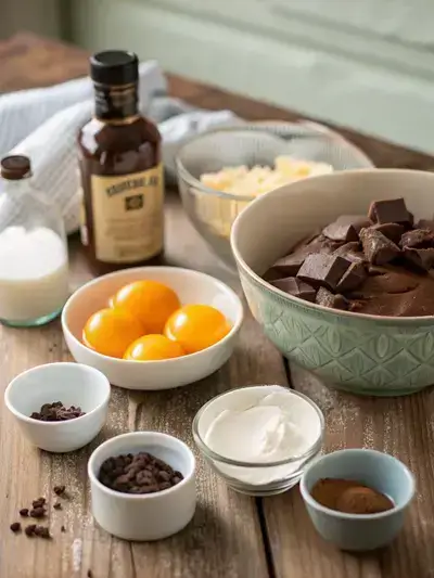 Ingredients for chocolate mousse displayed on a kitchen table.