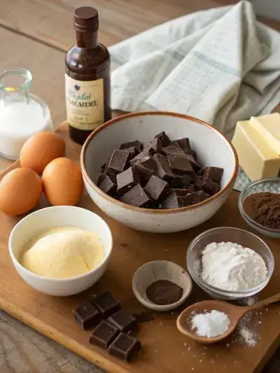 A collection of ingredients for chocolate torte displayed on a rustic kitchen table, including chocolate, butter, sugar, eggs, vanilla, flour, salt, and cocoa powder.